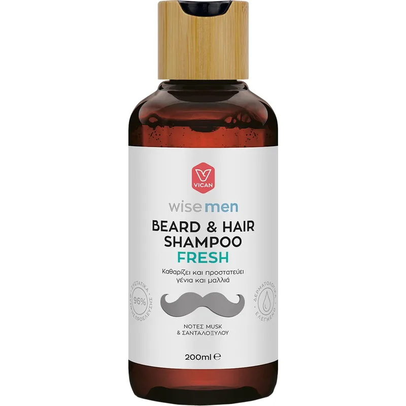Vican Wise Men Beard & Hair Shampoo Fresh Ανδρικό Σαμπουάν για Μαλλιά & Γένια για Καθαρισμό & Ενυδάτωση της Τρίχας & του Δέρματος με Άρωμα Musk & Σανταλόξυλου 200ml