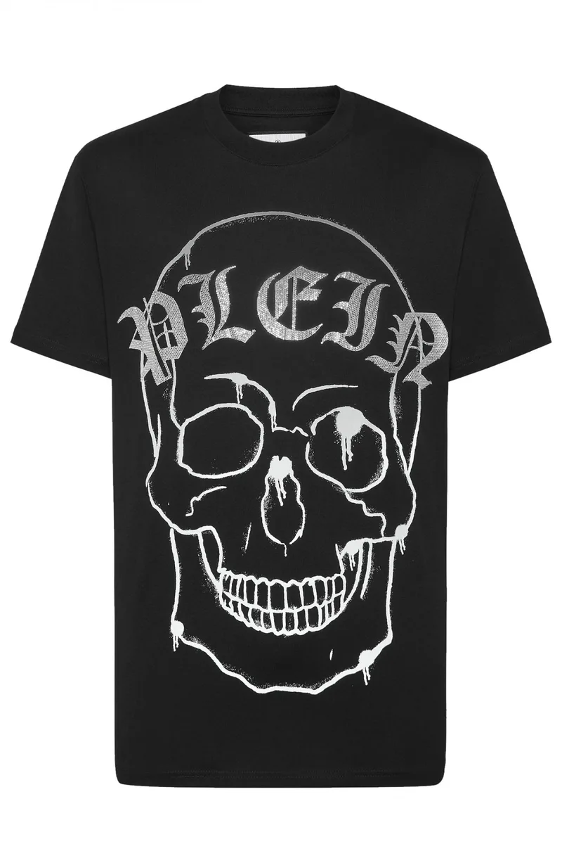 PHILIPP PLEIN T-SHIRT ROUND NECK SS SKULL LOGO ΣΤΡΑΣ ΜΑΥΡΟ