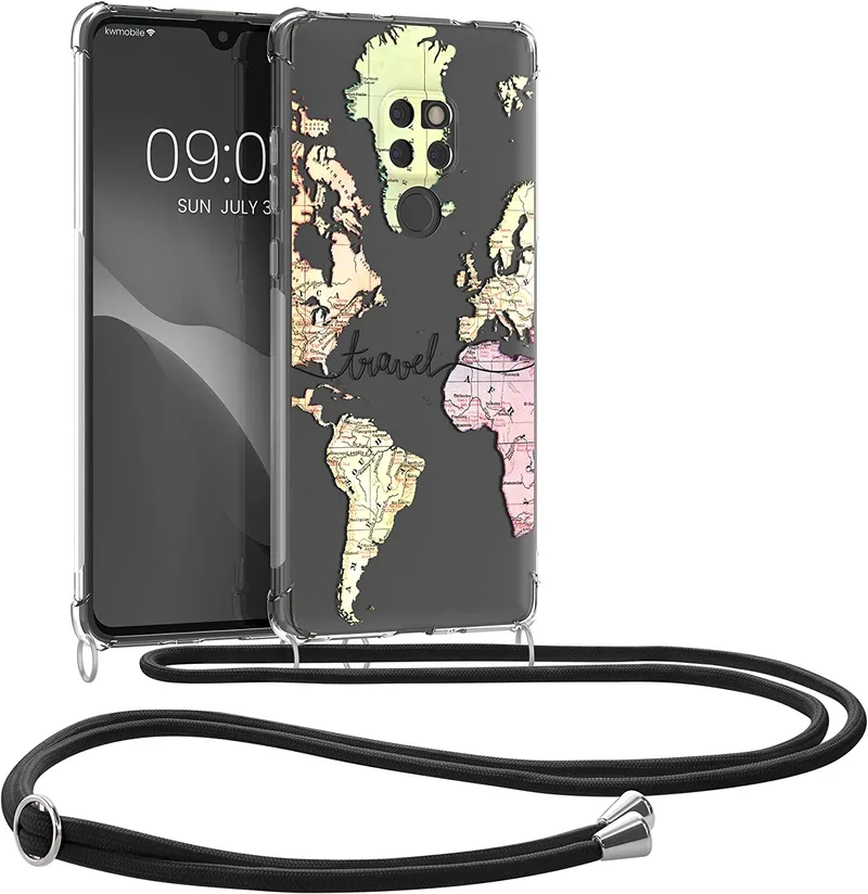 KWmobile Διάφανη Θήκη Σιλικόνης με Λουράκι Λαιμού - Huawei Mate 20 - Travel / Black / Multicolor / Transparent (59007.02)