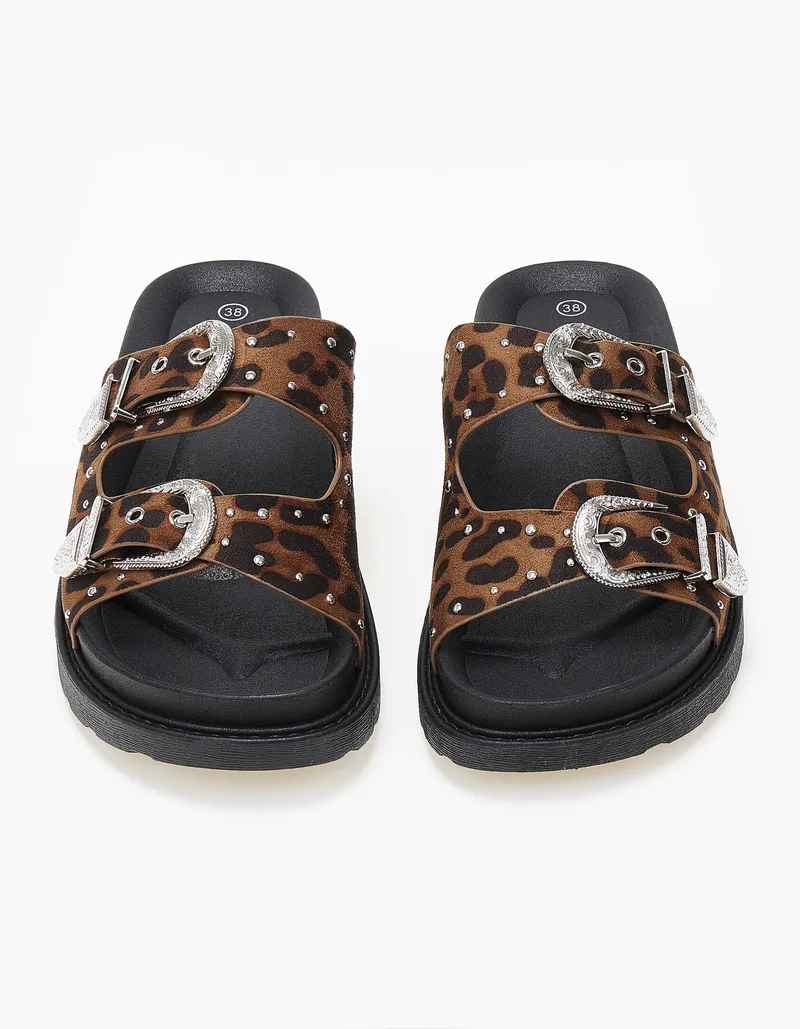 Σανδάλια flatform με suede υφή και αγκράφες - Λεοπάρ