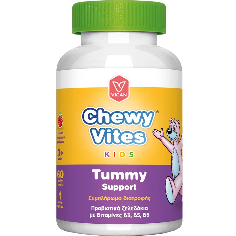 Chewy Vites Kids Tummy Support Συμπλήρωμα Διατροφής για Παιδιά Άνω των 3 Ετών με Προβιοτικά & Βιταμίνες του Συμπλέγματος Β για την Καλή Λειτουργία του Πεπτικού Συστήματος με Γεύση Κόκκινων Μούρων 60 Ζελεδάκια