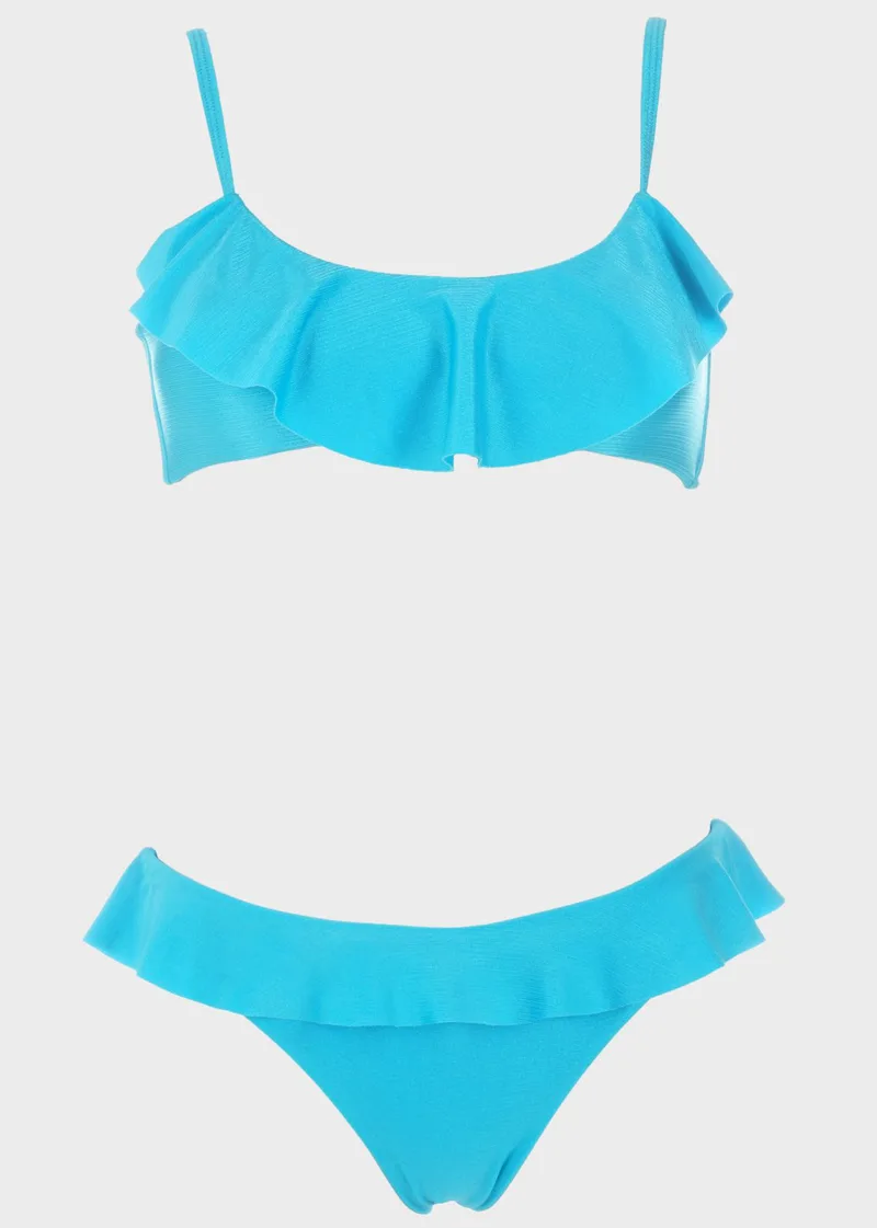 Γυναικείο σετ μαγιό bikini μονόχρωμο μπουστάκι με βολάν σλίπ παρτό κανονική γραμμή.Καλύπτει B CUP ΣΙΕΛ