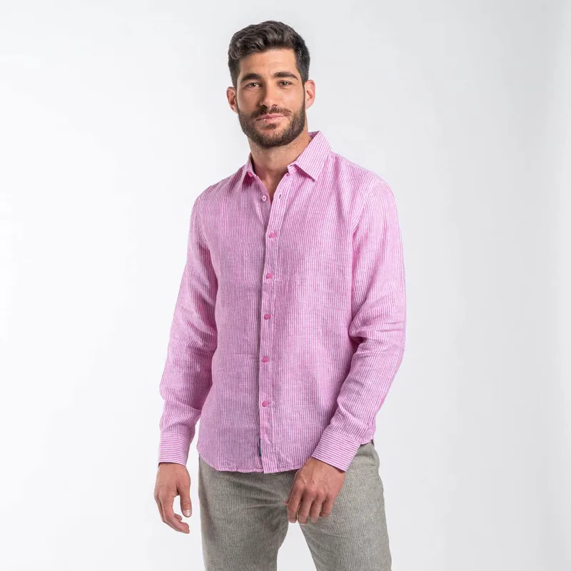 Prince Oliver Πουκάμισο Λινό Ροζ Ριγέ 100% Λινό (Modern Fit)