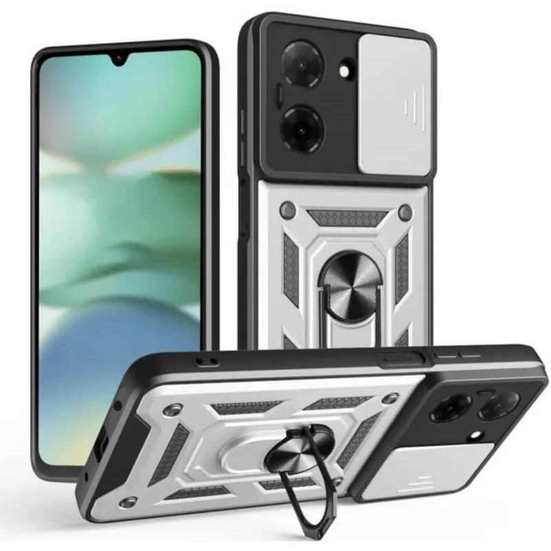Θήκη Xiaomi Redmi A5 4G Bodycell Armor Slide Ανθεκτική με Κάλυμμα για την Κάμερα & Μεταλλικό Ring Holder - Silver (5206015082917)