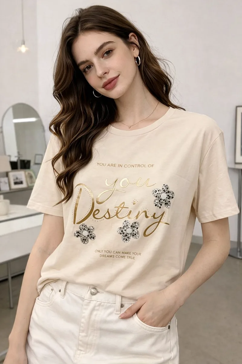 T-shirt Με "You Destiny" Print & Στρας - Μπεζ | Dress Up Μπεζ