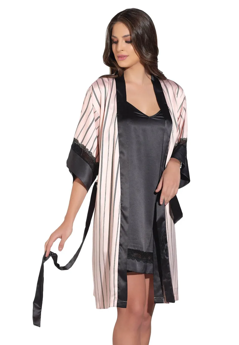 Σετ ρόμπα νυχτικό σατέν Ροζ Stripes 12739