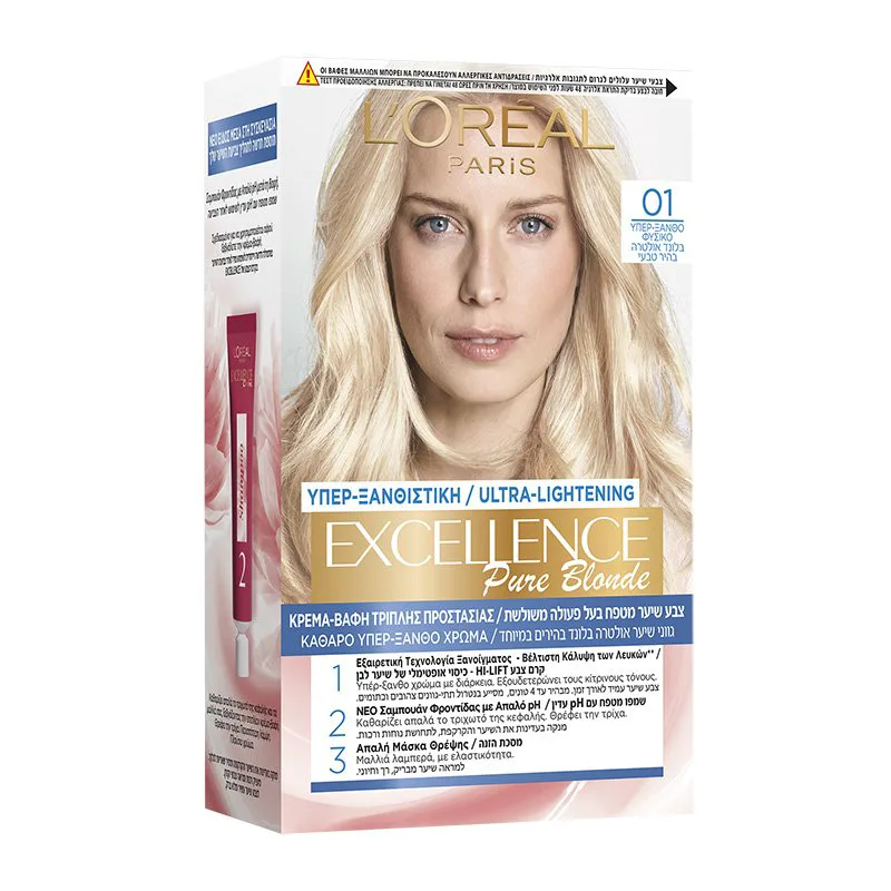 L'Oreal Paris Excellence Pure Blonde Permanent Hair Color Kit Μόνιμη Κρέμα Βαφή Μαλλιών με Τριπλή Προστασία & Κάλυψη των Λευκών 1 Τεμάχιο - 01 Υπερ-Ξανθό Φυσικό