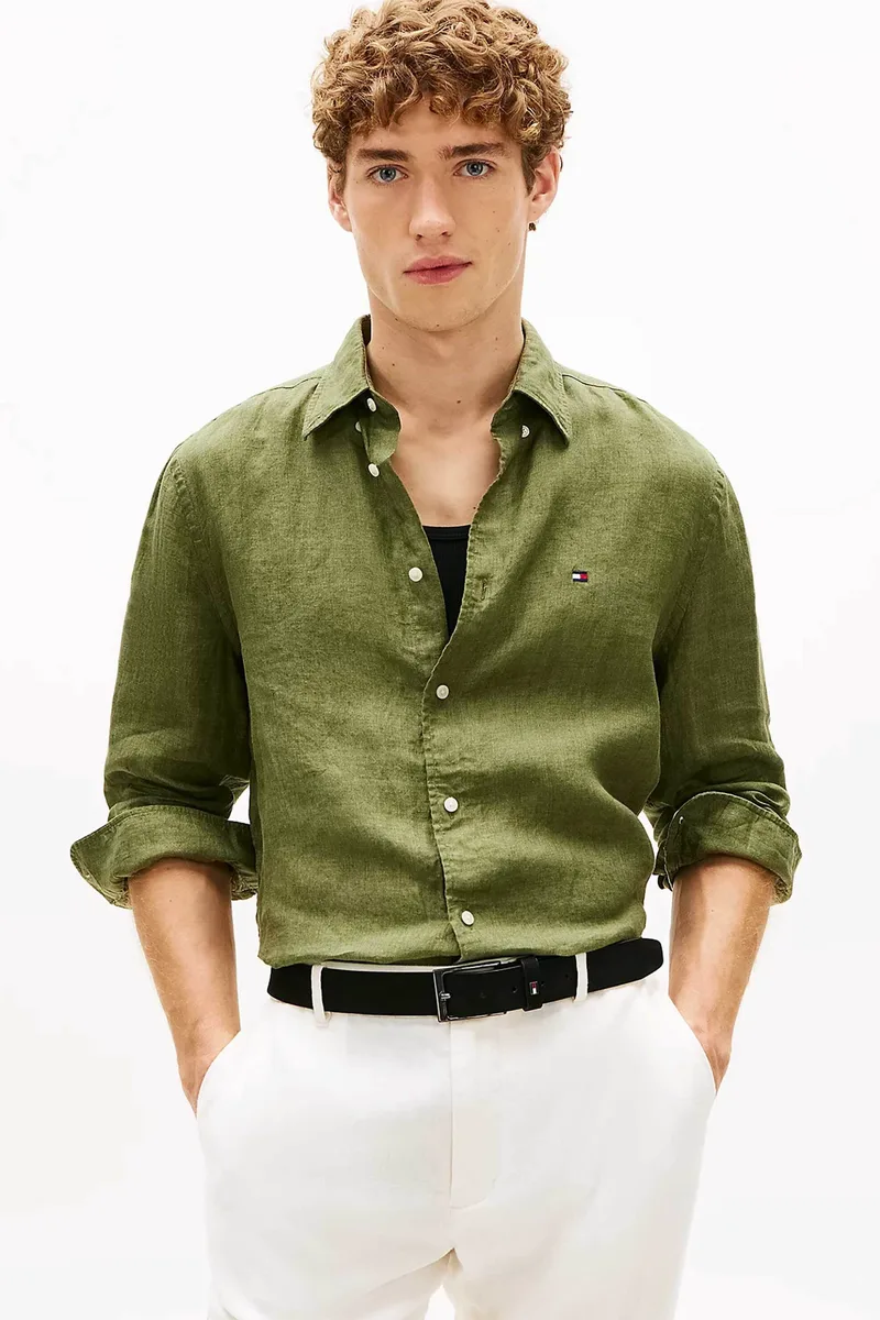 Tommy Hilfiger ανδρικό λινό πουκάμισο button down με κεντημένο logo flag Regular Fit - MW0MW41530 Χακί