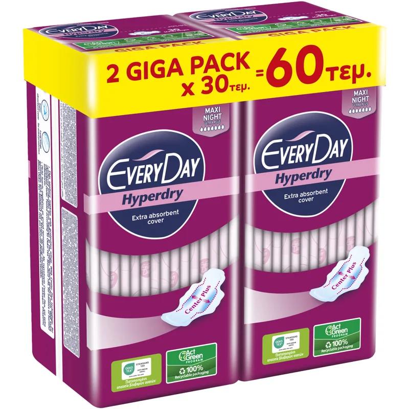 Σετ Every Day Hyperdry Maxi Night Ultra Plus Giga Pack Λεπτές Σερβιέτες Μεγάλου Μήκους με Φτερά Προστασίας, Κατάλληλες για τη Νύχτα ή για Περιπτώσεις Μεγάλης Ροής 60 Τεμάχια (2x30 Τεμάχια)