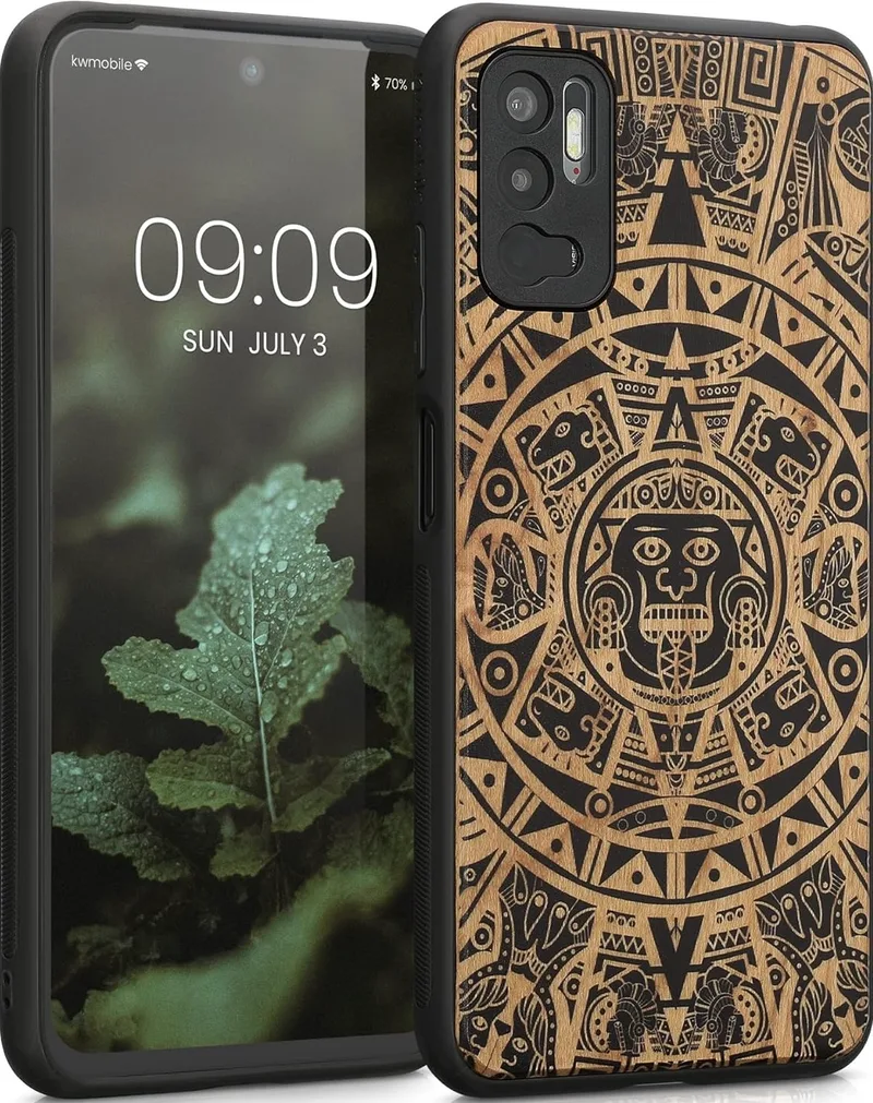 KWmobile Σκληρή Ξύλινη Θήκη με TPU Bumper - Xiaomi Redmi Note 10 5G - Cherrywood / Mayan Calendar Light Brown / Black (56792.03)
