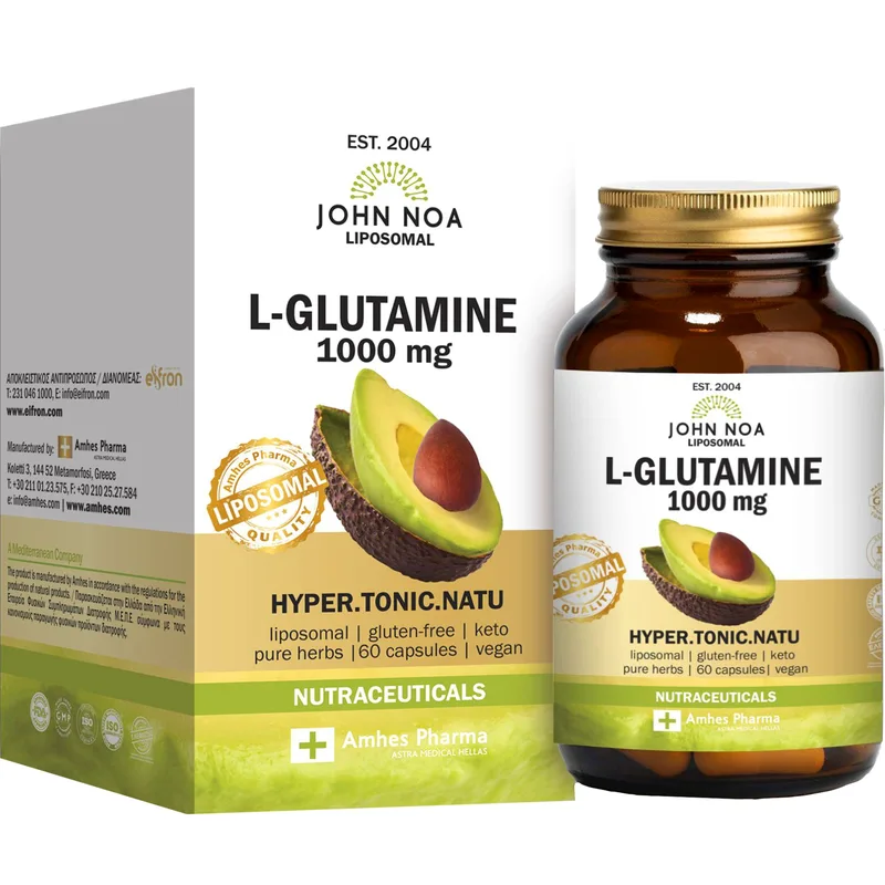 John Noa Liposomal L-Glutamine 1000mg Συμπλήρωμα Διατροφής Αμινοξέος Γλουταμίνης Λιποσωμικής Μορφής για την Καλή Λειτουργία του Εγκεφάλου, Αύξηση Μυϊκής Μάζας & Υποστήριξη της Λειτουργίας του Πεπτικού Συστήματος 60caps