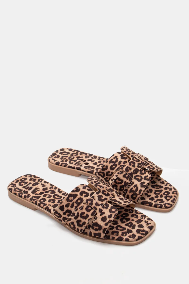 Flat Σανδάλια με Ανοίγματα Στο Πλάι - Animal Print