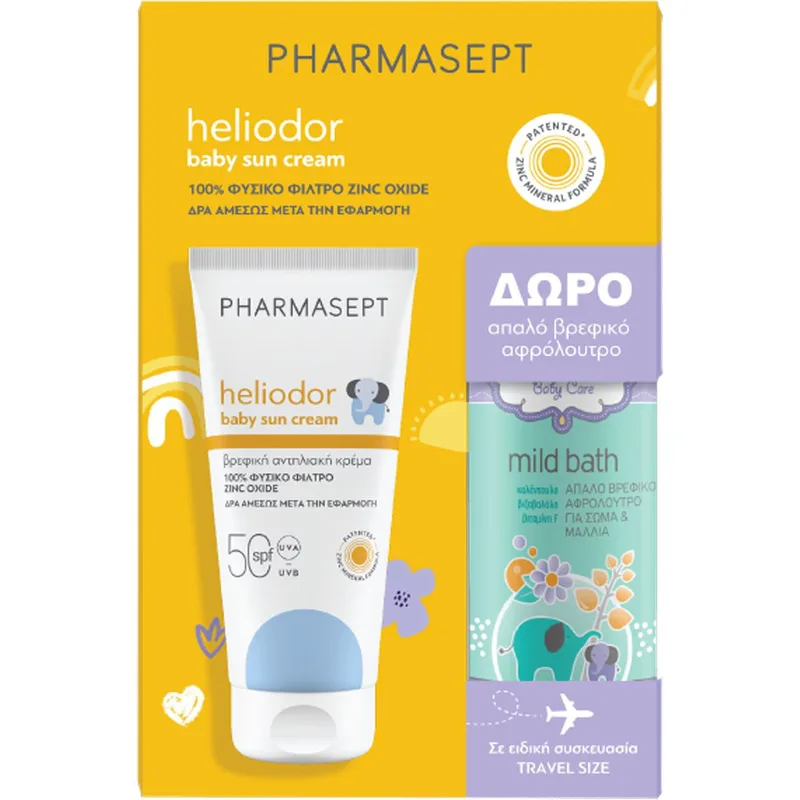 Pharmasept Promo Heliodor Baby Sun Cream Spf50 & Δώρο Travel Size Baby Care Mild Bath 100ml