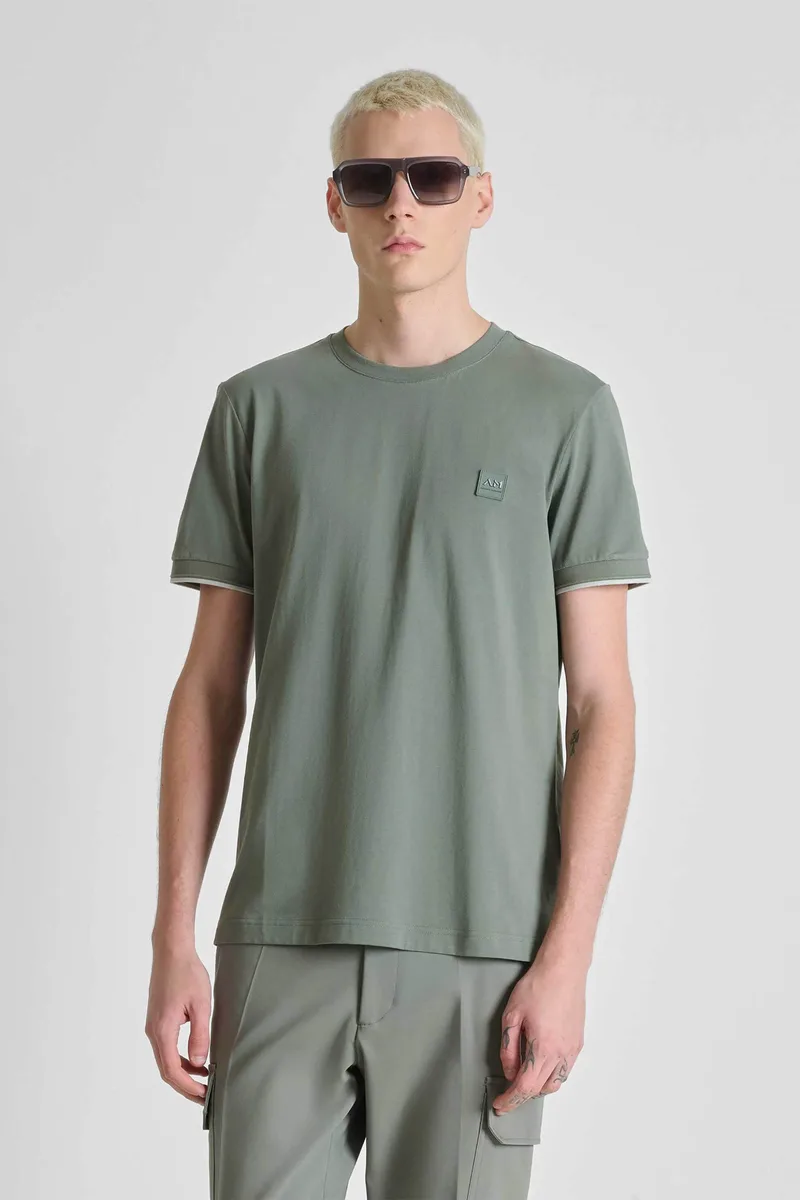 Antony Morato ανδρικό T-shirt με logo patch Regular Fit - KS02641FA100240 Λαδί