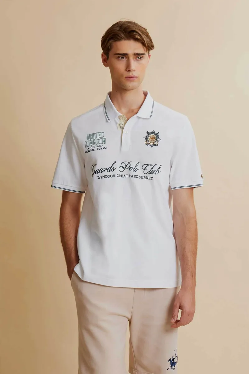 La Martina ανδρική μπλούζα πόλο πικέ με κεντημένο lettering Regular Fit "Colton" - MCPG32-PK191 Λευκό