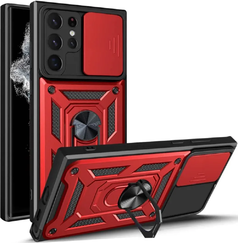 Bodycell Armor Slide - Ανθεκτική Θήκη Samsung Galaxy S22 Ultra 5G με Κάλυμμα για την Κάμερα & Μεταλλικό Ring Holder - Red (5206015014499)