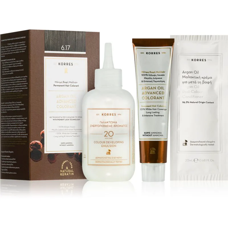 Korres Argan Oil μόνιμη βαφή μαλλιών με έλαιο αργκάν απόχρωση 6.17 Dark Blond Μπεζ 50 ml
