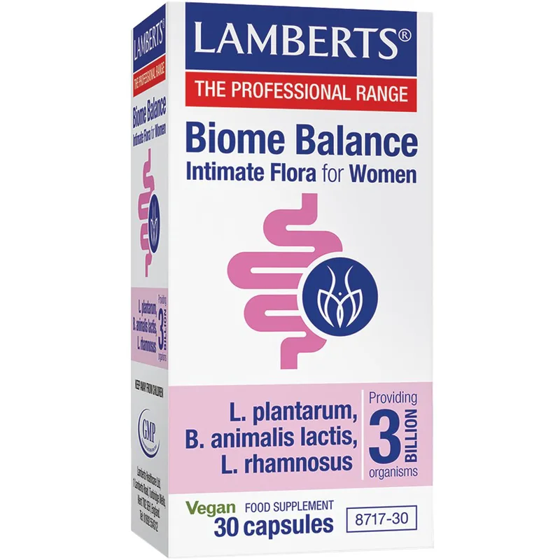 Lamberts Biome Balance Intimate Flora for Women Συμπλήρωμα Διατροφής Επιλεγμένων Προβιοτικών για την Καθημερινή Φροντίδα του Γυναικείου Μικροβιώματος του Εντέρου & της Ευαίσθητης Περιοχής 30caps