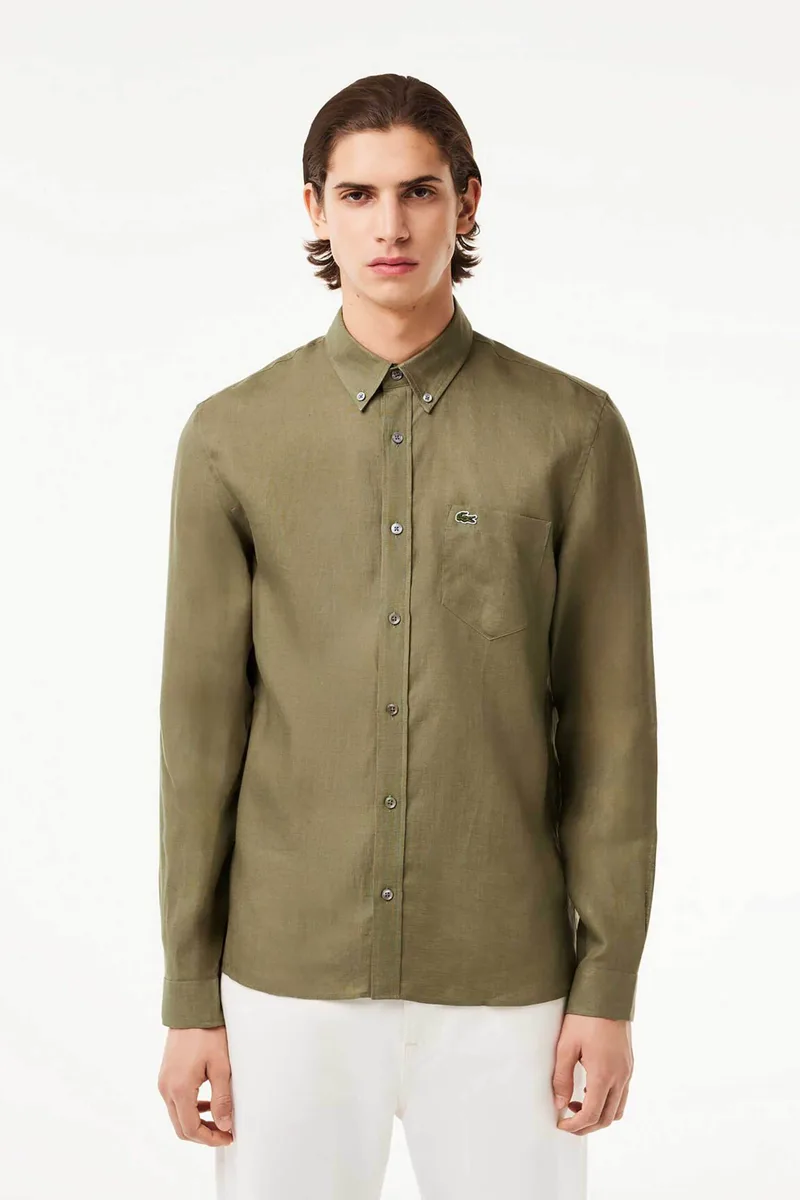 Lacoste ανδρικό λινό πουκάμισο button down με τσέπη και κεντημένο λογότυπο Regular Fit - CH5692 Χακί