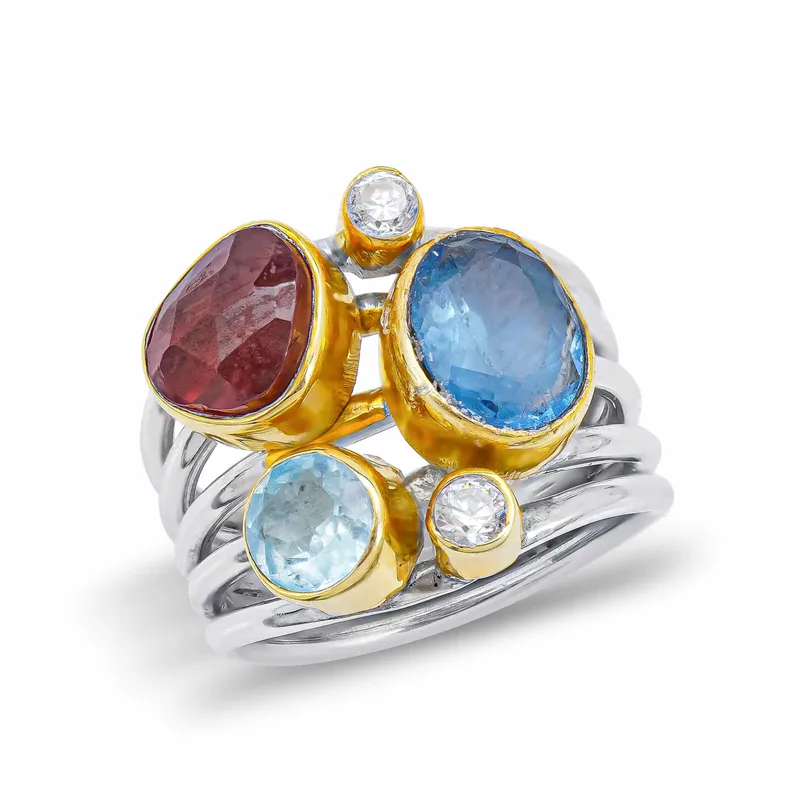 Δαχτυλίδι Mε Γρανάτη και London Topaz Από Δίχρωμο Ασήμι DX837