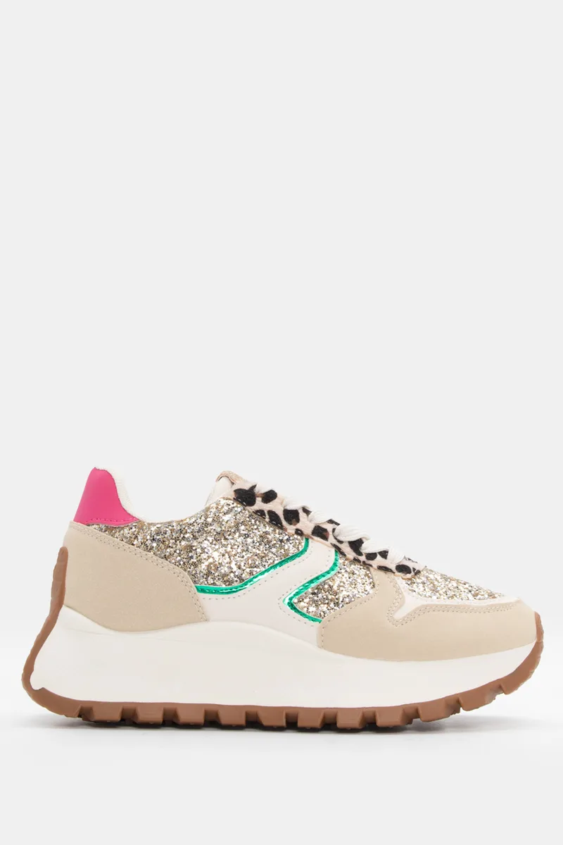 Sneakers σε Συνδυασμό Υλικών & Διακοσμητικό Glitter - Μπεζ-Σκούρο