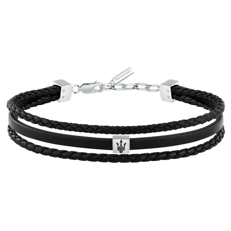 Ανδρικό τριπλό βραχιόλι Maserati Black Recycled Leather JM525AVE32 JM525AVE32 Ατσάλι