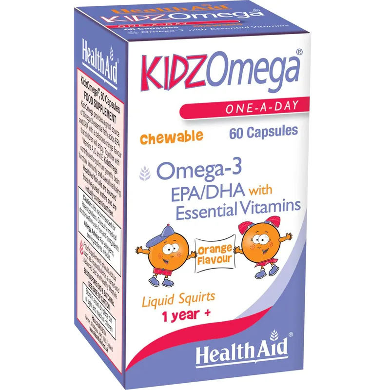 Health Aid KIDZ Omega Συμπλήρωμα Διατροφής Ωμέγα 3 & Βιταμινών για τη Σωστή Ανάπτυξη & Λειτουργία του Εγκεφάλου & της Όρασης για Παιδιά με Γεύση Πορτοκάλι 60 Chew.caps