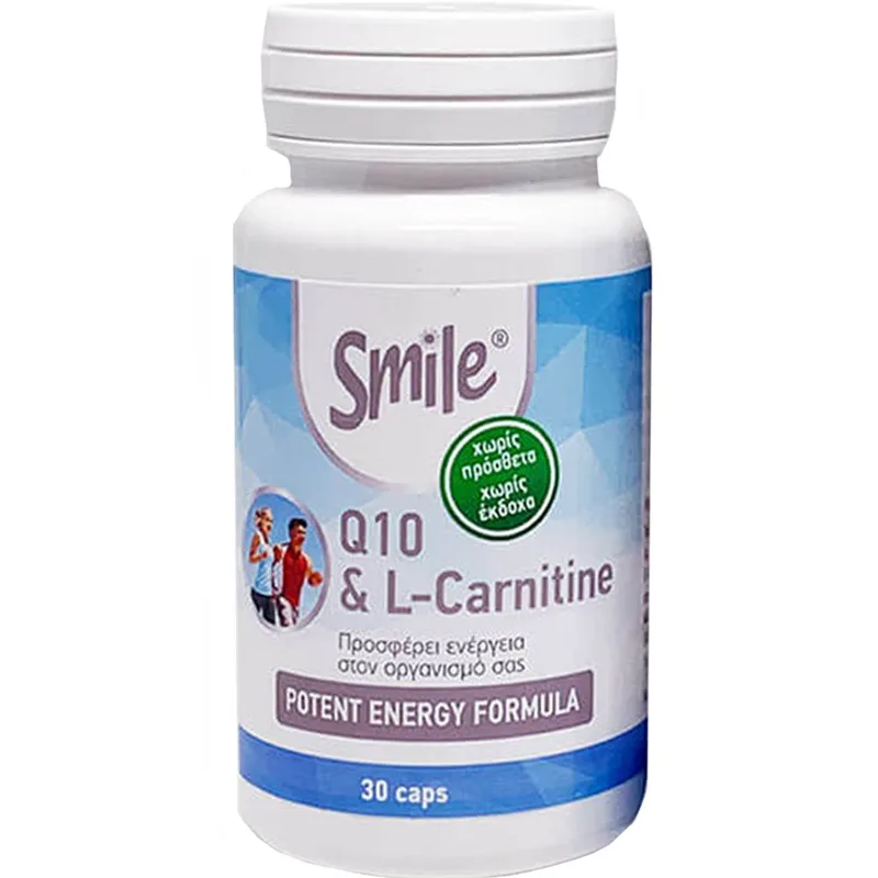 Smile Q10 & L-Carnitine Συμπλήρωμα Διατροφής Συνενζύμου Q10 & Αμινοξέος Καρνιτίνης για Ενέργεια, Αύξηση Μυϊκής Μάζας & Αποκατάσταση 30caps