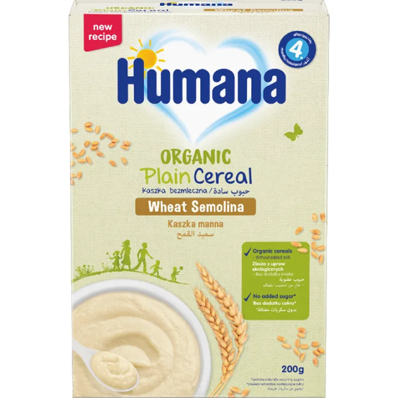 Humana Organic Plain Cereal Wheat Semolina Βιολογική Κρέμα με Σιμιγδάλι Χωρίς Γάλα & Προσθήκη Ζάχαρης από τον 4ο Μήνα & Μετά 200g