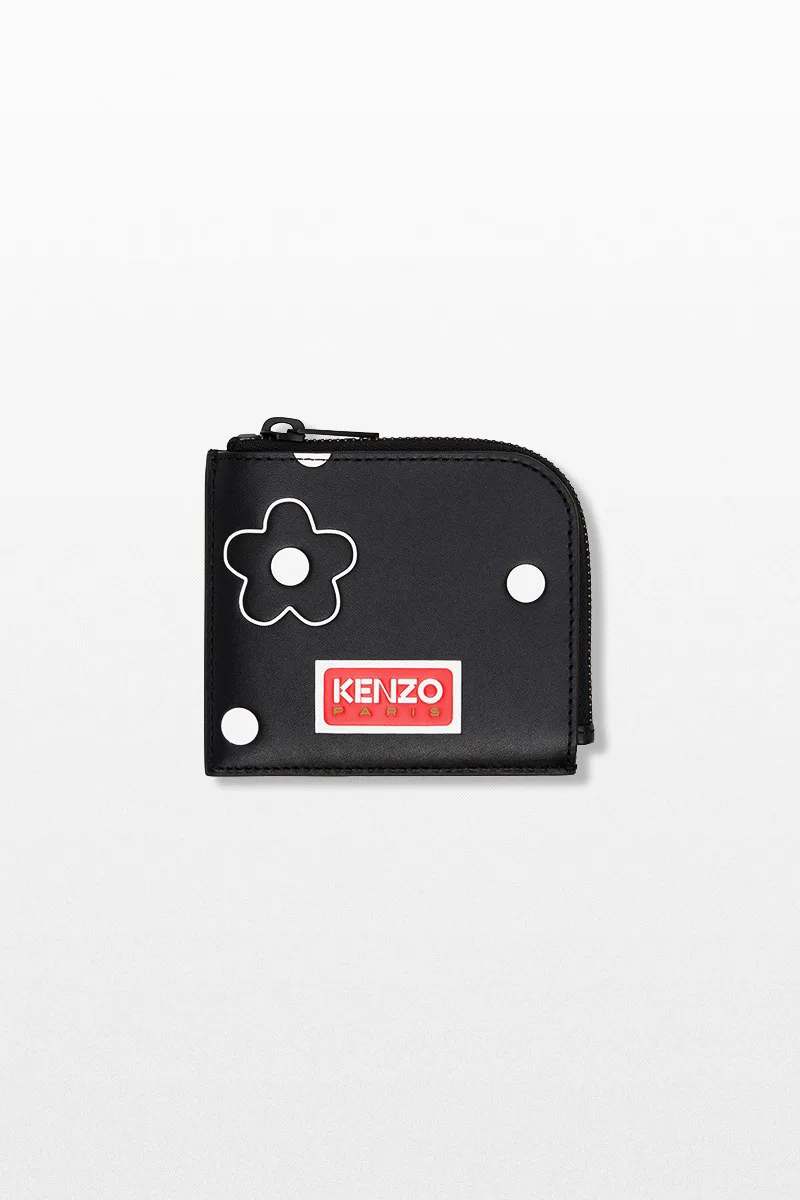 KENZO Ανδρικό Μαύρο Floral Print Leather Rounded Wallet