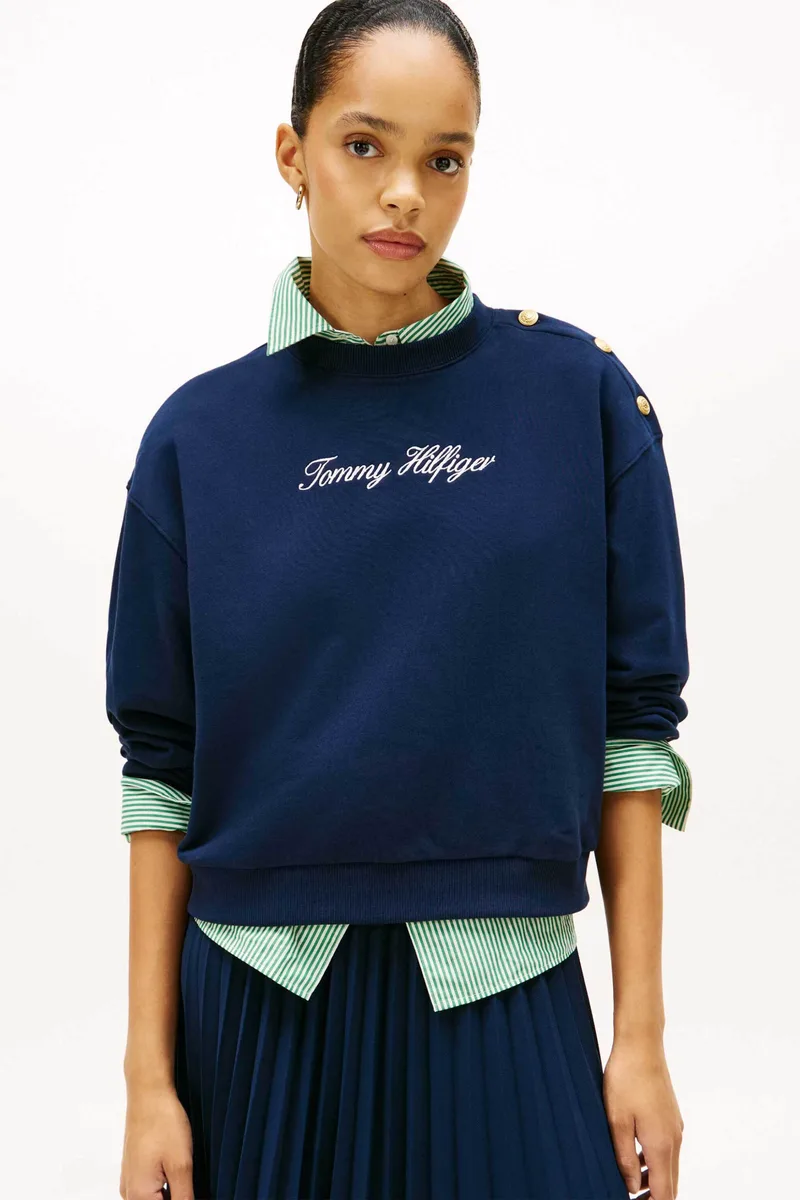 Tommy Hilfiger γυναικεία μπλούζα φούτερ με λογότυπο και διακοσμητικά κουμπιά στον ώμο Regular Fit - WW0WW48783 Μπλε Σκούρο