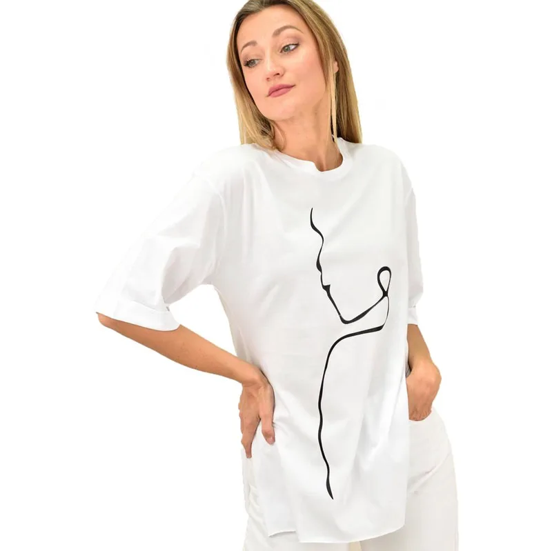 T-shirt με τύπωμα γυναικεία φιγούρα Λευκό 10912