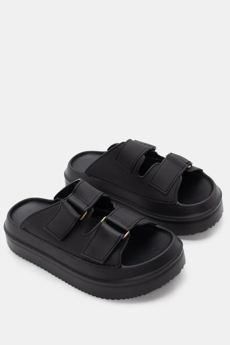Παντόφλες Flatform με Διπλά Λουράκια και Velcro - Μαύρο