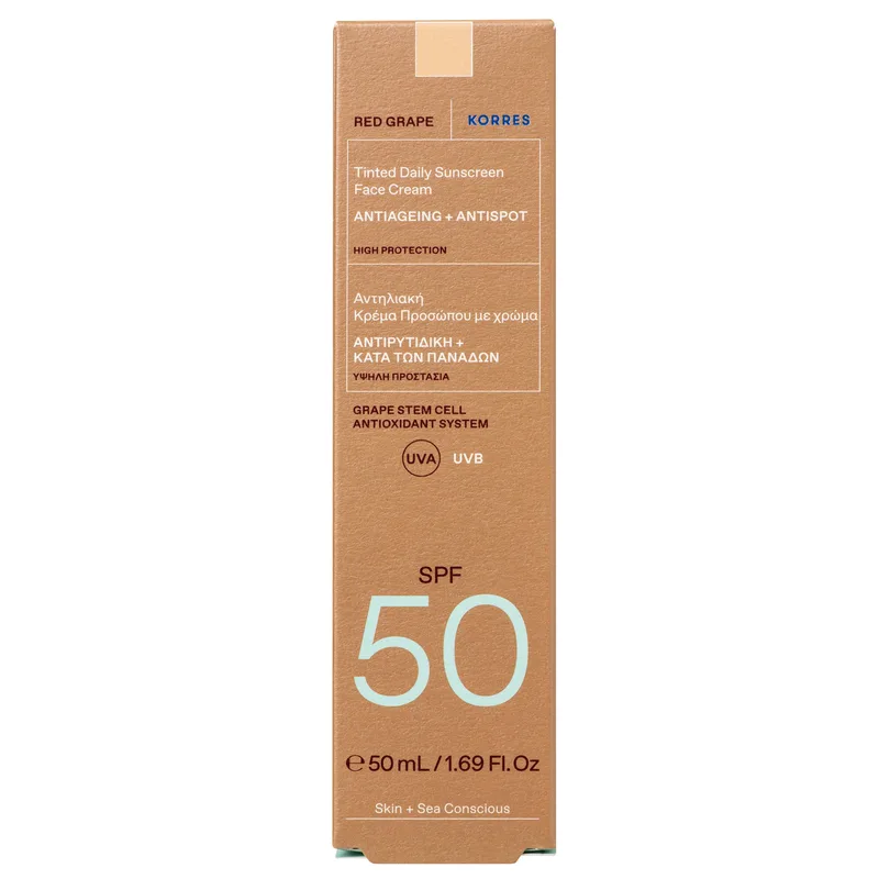 Korres Red Grape Daily Tinted Sunscreen Face Cream Spf50 Αντηλιακή Κρέμα Προσώπου Ελαφριάς Υφής, Υψηλής Προστασίας, με Χρώμα 50ml