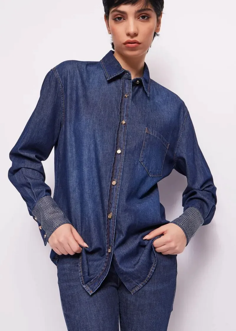 Gaudi Γυναικείο Denim Πουκάμισο Oversized Fit με Στρας σε Μπλε