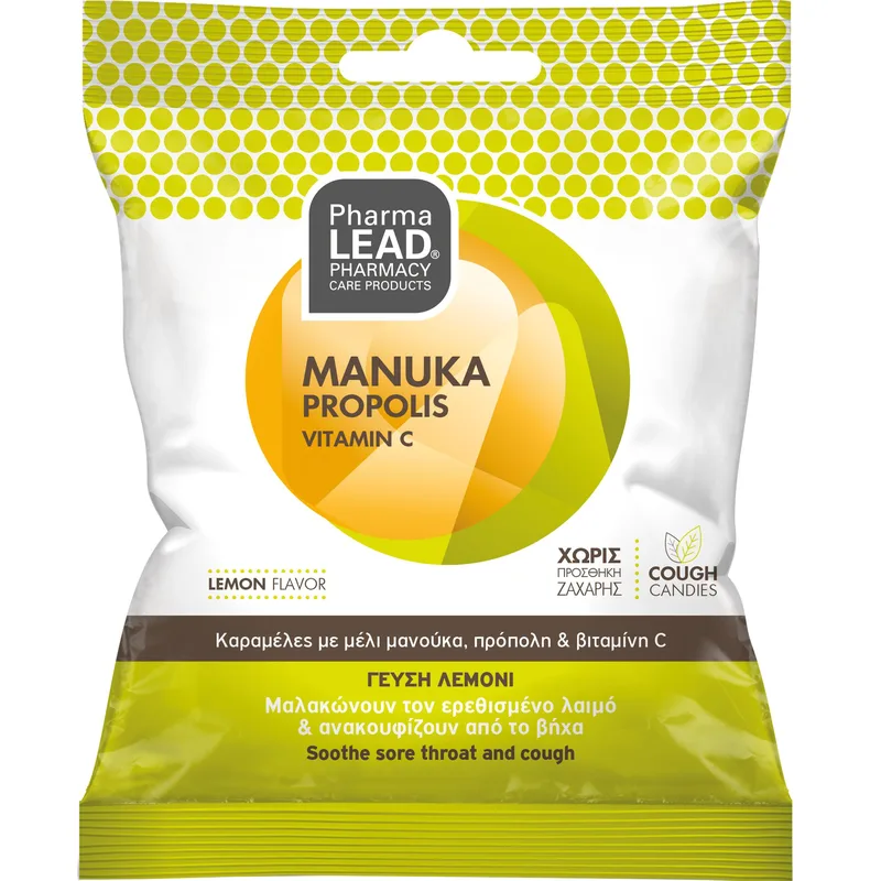 Pharmalead Manuka Propolis Vitamin C Sore Throat & Cough Candies Καραμέλες με Μέλι Μανούκα, Πρόπολη & Βιταμίνη C που Μαλακώνουν τον Ερεθισμένο Λαιμό & Ανακουφίζουν από το Βήχα με Γεύση Λεμόνι 40g