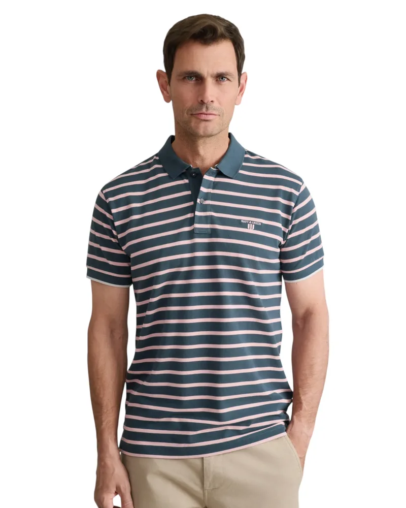 Navy & Green Ανδρική Μπλούζα Πόλο Κοντομάνικη Ριγέ 24GE.1039 DARK SHADOW/PINK