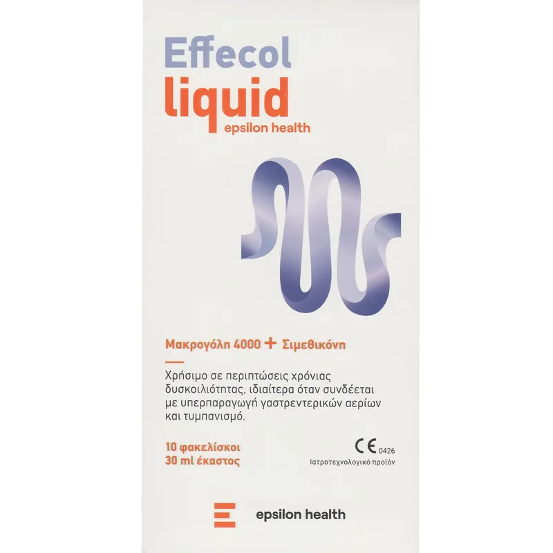 Epsilon Health Effecol Liquid Συμπλήρωμα Διατροφής Μακρογόλης & Σιμεθικόνης για την Αντιμετώπιση της Δυσκοιλιότητας, Γαστρεντερικών Αερίων & Τυμπανισμού με Γεύση Πορτοκάλι 300ml (30ml x 10 Sachets)