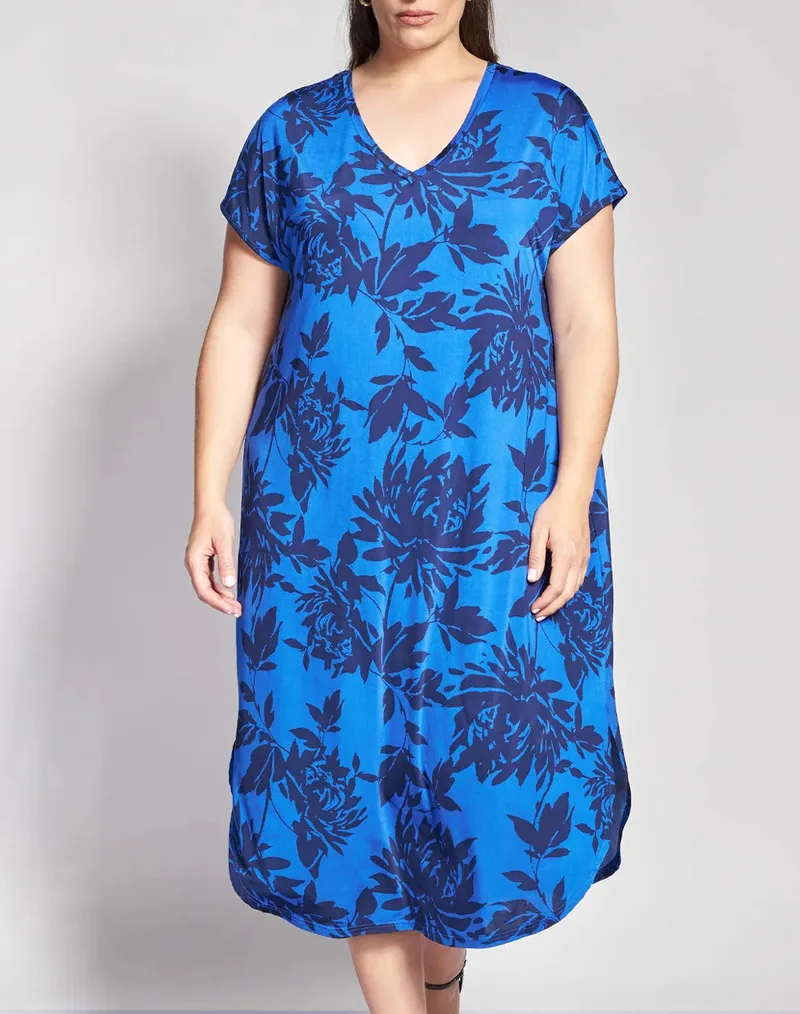 PARABITA Midi φόρεμα με V λαιμόκοψη και botanical μοτίβο 012610600447-003 Blue