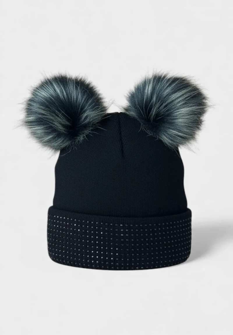 Σκουφάκι Γυναικείο SYT Μαύρο με Διπλά Pom Pom & Strass K2526-10-Μαύρο