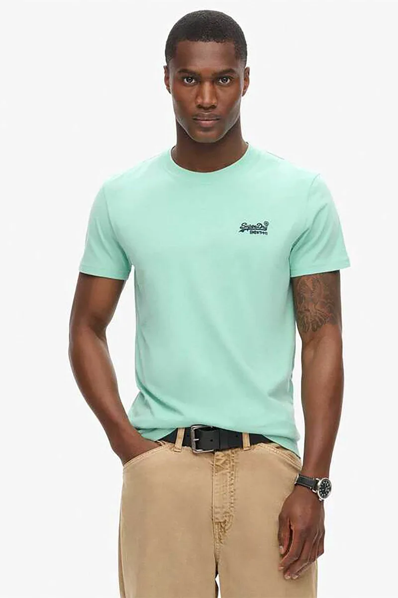 Superdry ανδρικό T-shirt με κεντημένο λογότυπο Slim Fit "Essential Logo" - M1011245A Πράσινο Μέντας