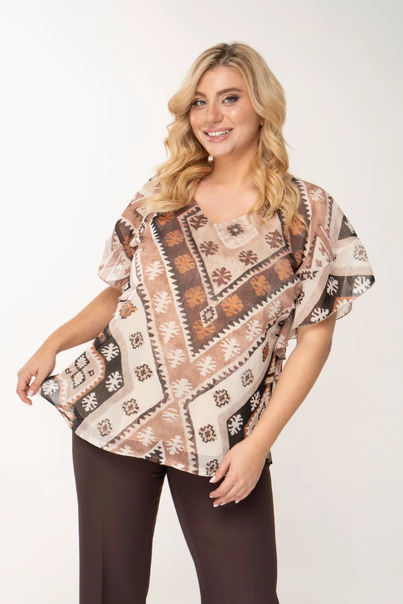 Μπλούζα lurex με Aztec print μπεζ/καφέ χρώμα plus size