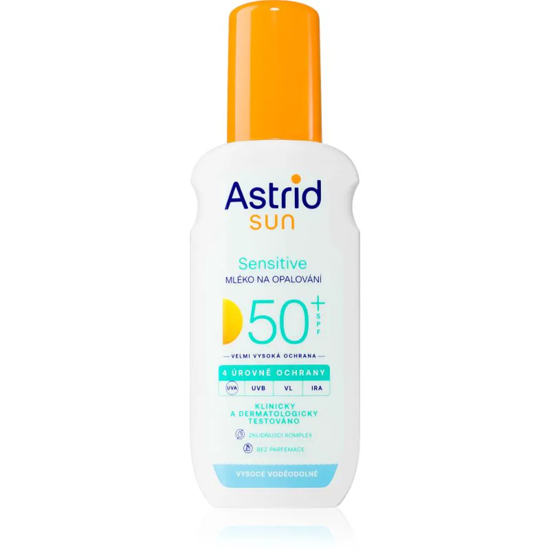 Astrid Sun Sensitive αντηλιακό γαλάκτωμα σε σπρέι SPF 50+ πολύ μεγάλη προστασία απο τον ήλιο 150 ml