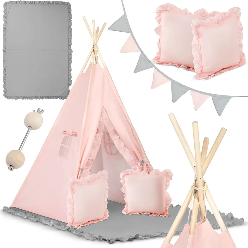 Παιδική Σκηνή Teepee NK-406 Nukido Kids Tipi Tent Ινδιάνικη με 1 x Χαλάκι / 2 x Μαξιλάρια / 1 x Γιρλάντα - Light Ροζ (5903890616717)