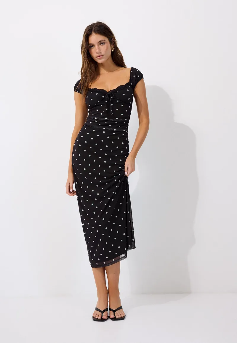 Stradivarius Μίντι Φόρεμα Με Κοντό Μανίκι Και Print Μαύρο M