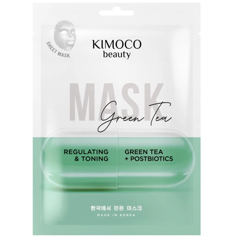 Kimoco Beauty Regulating & Toning Green Tea & Postbiotics Face Sheet Mask Ρυθμιστική & Τονωτική Μάσκα Προσώπου με Εκχύλισμα Πράσινου Τσαγιού & Postbiotics 23ml