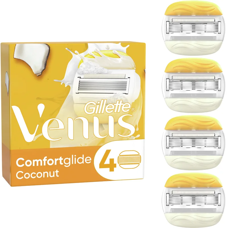 Gillette Venus Comfortglide Coconut Plus Olay Razor Blades Ανταλλακτικές Κεφαλές Ξυρίσματος με 5 Λεπίδες & Olay με Άρωμα Καρύδας για Εξαιρετικά Βαθύ Ξύρισμα 4 Τεμάχια
