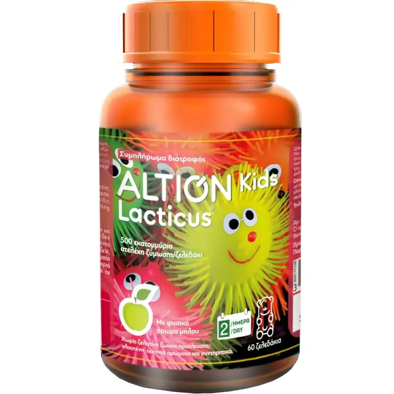 Altion Kids Lacticus Συμπλήρωμα Διατροφής 4 Διαφορετικών Προβιοτικών για την Ενίσχυση της Εντερικής Χλωρίδας & της Φυσικής Άμυνας του Οργανισμού σε Παιδιά από 3 Ετών με Γεύση Πράσινο Μήλο 60 Ζελεδάκια