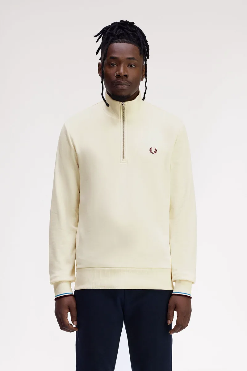 Fred Perry Ανδρικό Φούτερ Με Φερμουάρ Half Zip Sweatshirt M3574-Z46 Εκρού