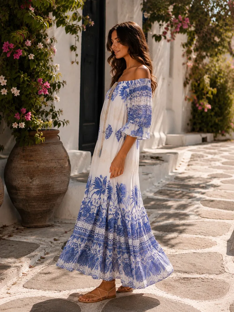 Boho Maxi Φόρεμα Off Shoulder Με Ethnic Print - Σιέλ | Dress Up Σιέλ